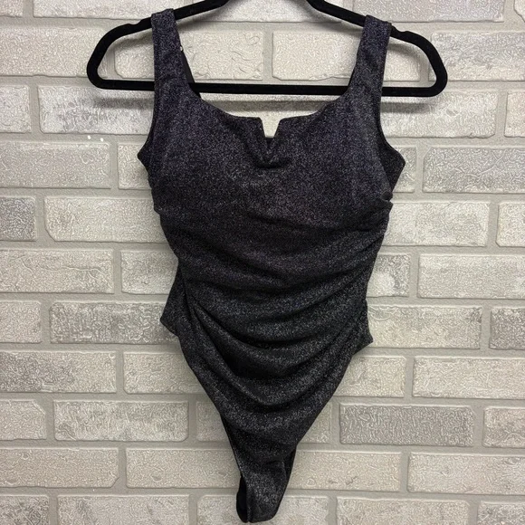 Popilust Black Silver Shimmer Bodysuit Shapewear L - Picture 2 of 8